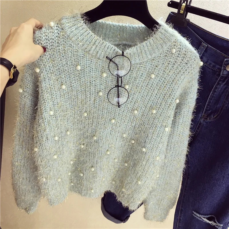 New Pearls Beaded Sweater Mohair Loose Jumper Round Neck Long Sleeve Cute female Beading Knitted Bottoming Shirts Pullovers | Женская