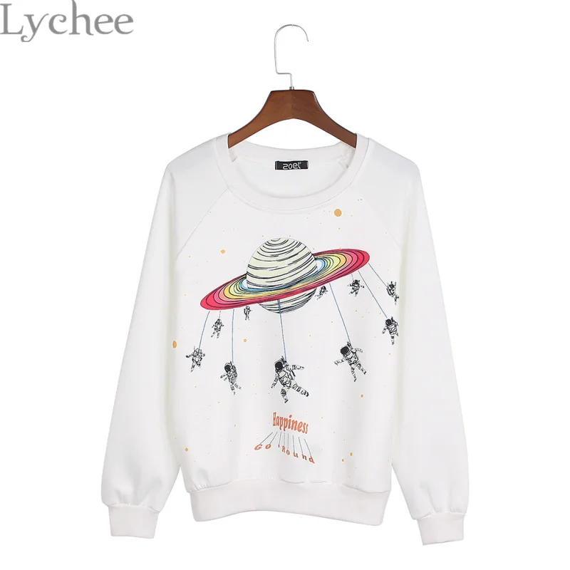 Lychee осень зима Harajuku для женщин толстовка Сатурн астронавт печати пуловер повседневное свободные с длинным рукавом спортивный костюм