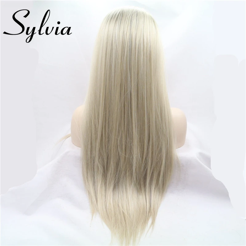 Sylvia Ombre Blonde Glueless парики на кружеве 2 тона цвет КОРИЧНЕВЫЙ корни боковая часть длинные прямые термостойкие синтетические женские волосы