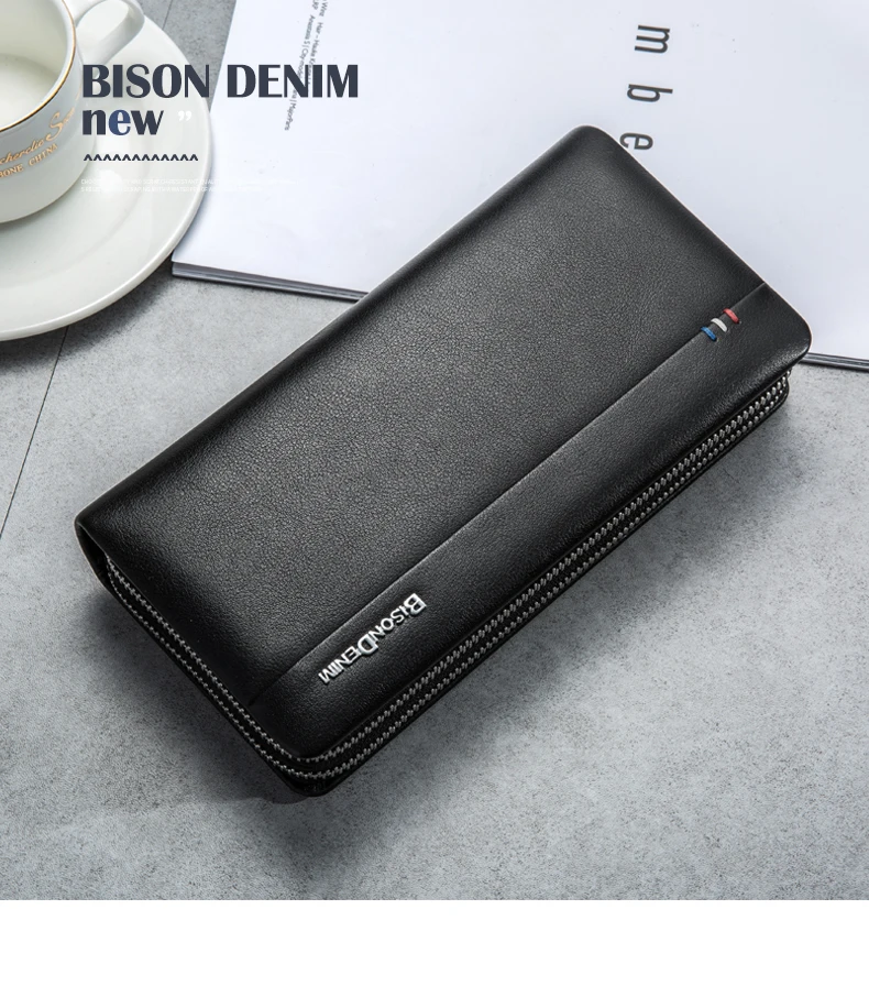 BISON DENIM мужской кошелек с карманом для монет, Длинный кошелек на двойной молнии, деловой клатч из натуральной кожи, сумочка из воловьей кожи, Мужская N8008-2