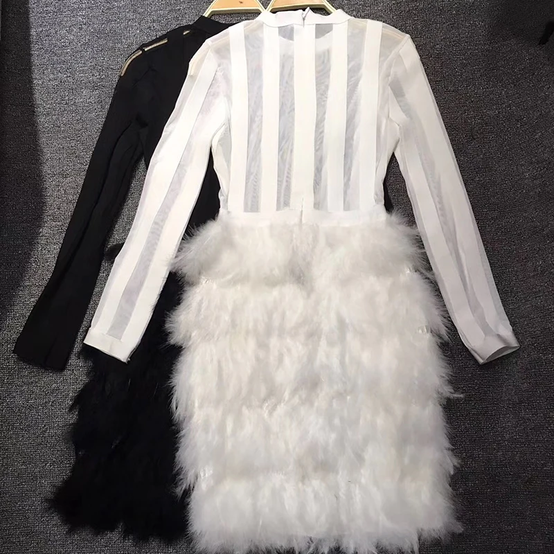 

Women Casual Winter Long Sleeve Feathers Mini Dress Night Club Birthday Party Wear Striped Empire O Neck Dress For Ladies Hot