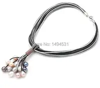 Wholesale Pearl Jewelry Multicolor Leather Necklace Multi-Strand Mixes Color Freshwater Pearl Necklace Handmade Jewelry - XZN140