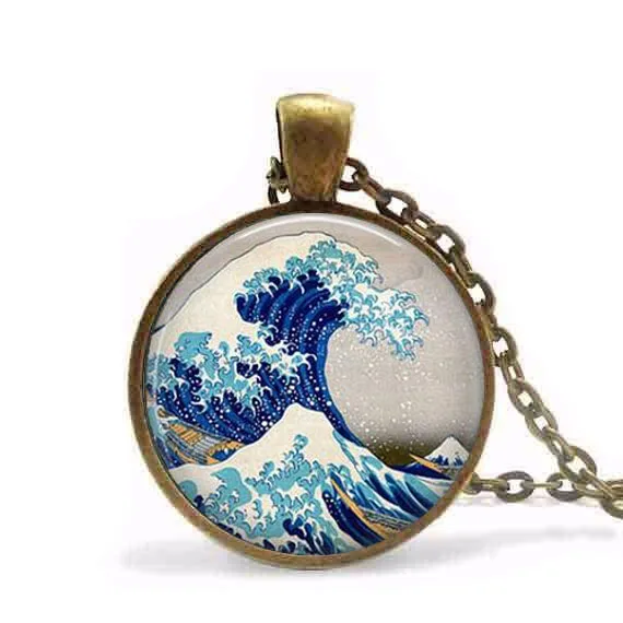 Fashion Chain Great Wave Off Kanagawa neccklace - Handcrafted Keepsake Pendant Tidal Japanese Wood Block necklace | Украшения и