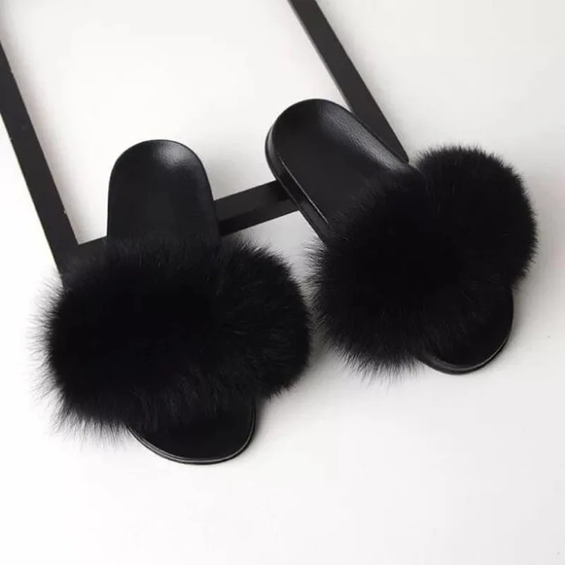 FURFEER Women Fur Slippers Real Fox Slides Home Furry Flat Sandals Female Cute Fluffy House Shoes Woman Brand Luxury | Обувь