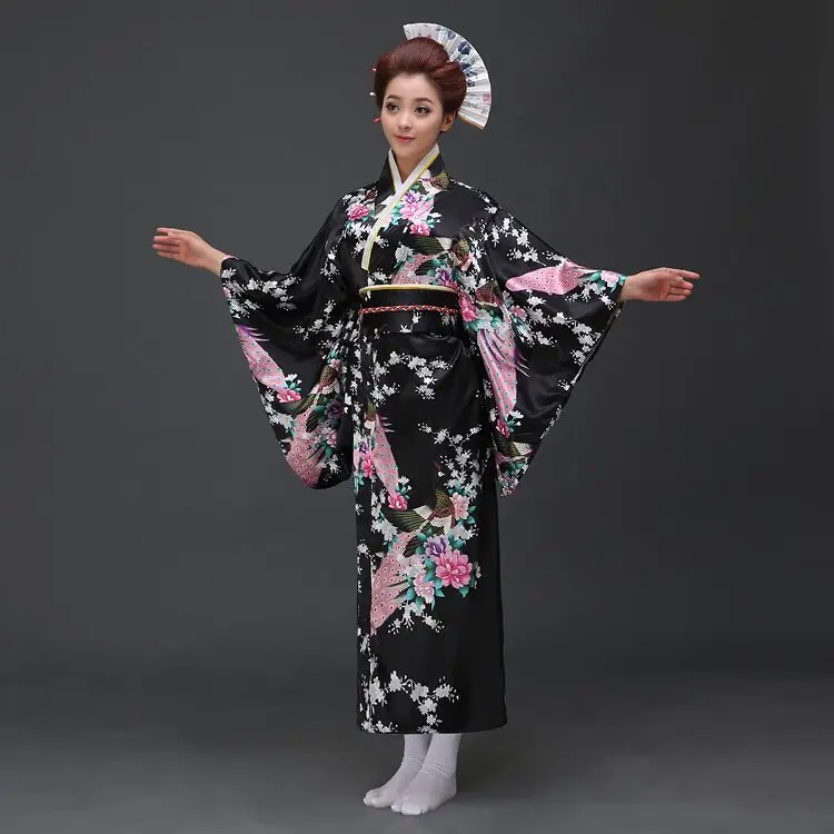 

Черное винтажное японское женское кимоно, банное платье, женское искусственное танцевальное платье с Оби, одежда для косплея, H0029, шелковое ...