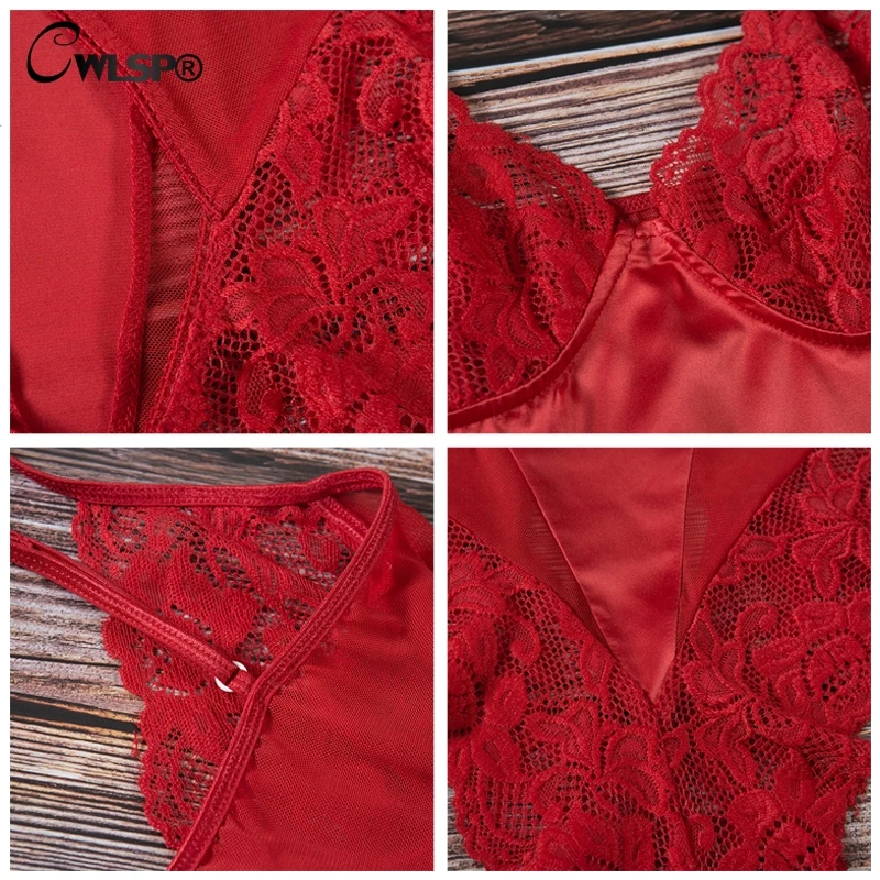 

CWLSP New Sexy Lace Women Solid Bodysuits Catsuit With Cross Deep V Neck Jumpsuits For Women 2018 QZ2877