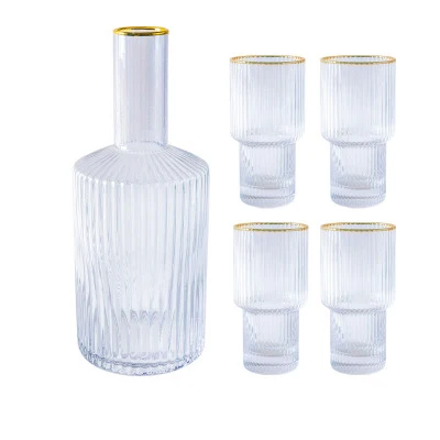 1 bottle and 4 cups 5 шт., полосатая Золотая оправа, стеклянная чашка, бутылка для вина, виски и бренди, бокал для вина, большая емкость, для бара, отеля, вечерние, для дома, набор посуды для напитков - Цвет: 1 bottle and 4 cups