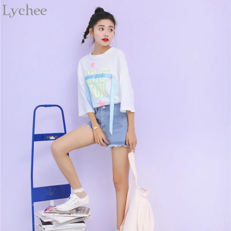 Милая Летняя женская футболка Lychee Повседневная Свободная с буквенным принтом
