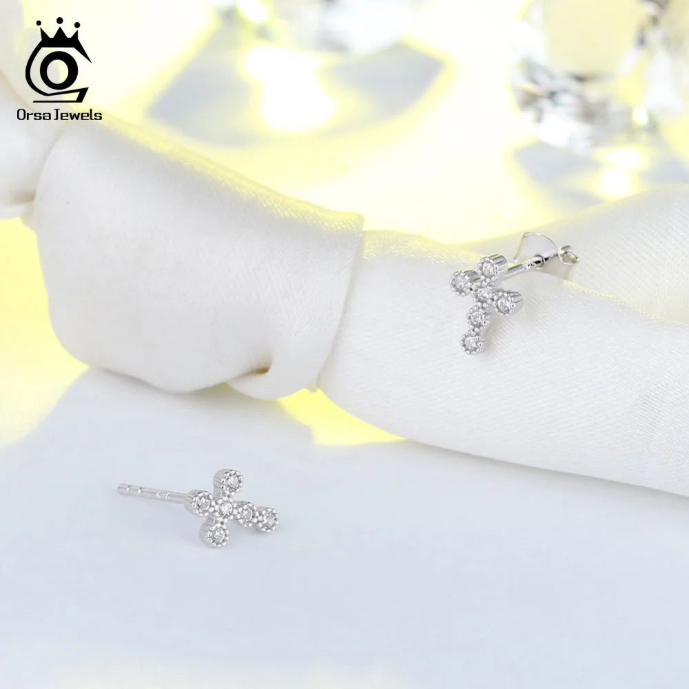 ORSA JEWELS, серьги-гвоздики с крестом для женщин, 925 пробы, серебро, 6 шт., AAA, Ослепительный CZ, рок стиль, женские Клубные вечерние ювелирные изделия, SE106