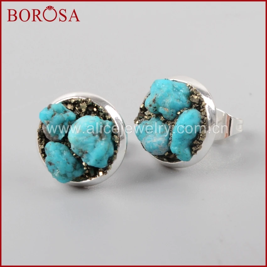 Круглые серьги BOROSA с натуральными камнями золотые/Серебристые гвоздики из
