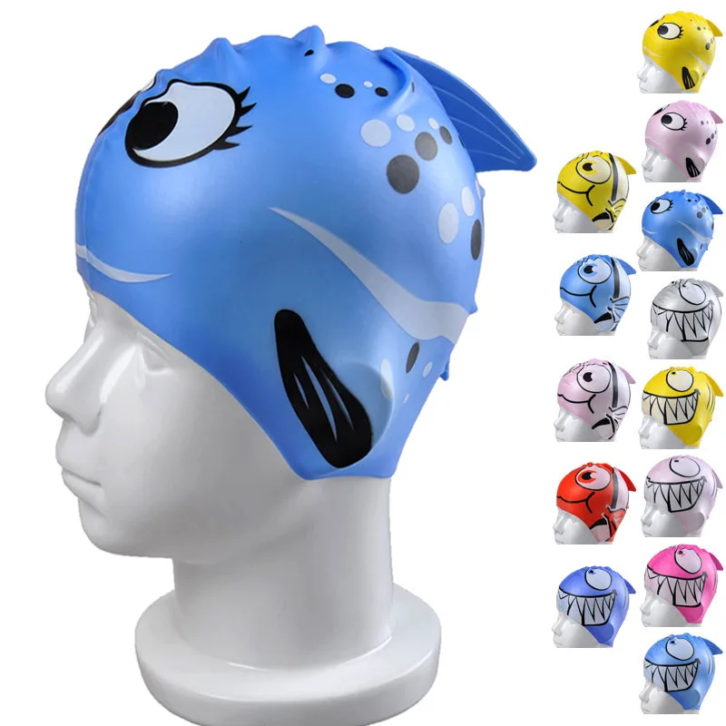 Children's Swimming Cap Cartoon Fish Silicon Waterproof Protect Ear Shark Shape Swim Pool Hat 18*18cm Children Caps | Спорт и