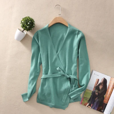 Bean green Новинка, весенний Тонкий шерстяной кардиган, короткий, секционный, вязаный кардиган для женщин, для улицы, v-образный ворот, длинный рукав, свитер, тонкие куртки - Цвет: Bean green