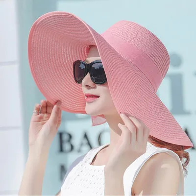 simple summer straw hat women big wide brim beach hat sun hat foldable sun block UV protection panama hat bone chapeu feminino - Цвет: Pink