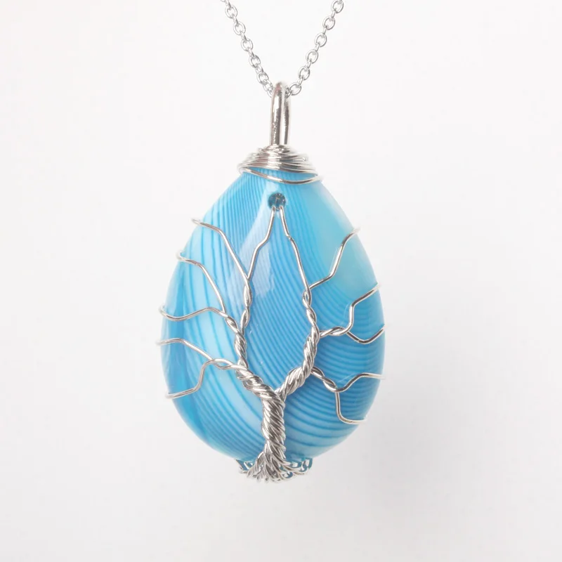 blue botswana agate 37x25 мм микс-кристалл камень авантюрин опал аметисты КВАРЦ тигровый глаз капли воды ручной работы проволока обмотки подвеска с деревом жизни 1 шт - Окраска металла: blue botswana agate