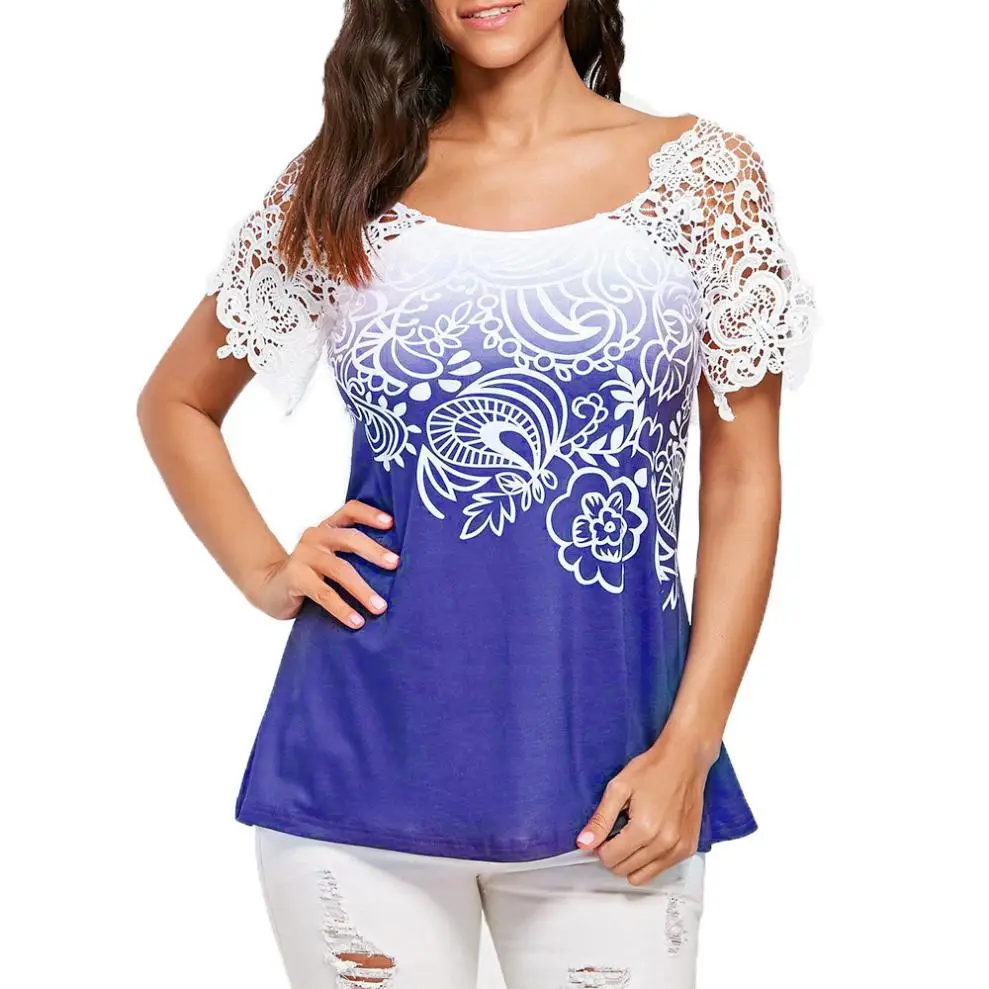Летние женские топы и блузки, винтажные цветочный принт, кружевные лоскутные рубашки с круглым вырезом, туника, открытая спина, женская одежда