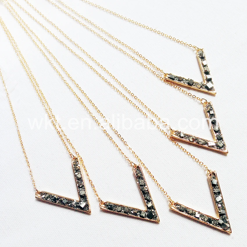 WT-N714 Amazing design Letter V Pendant gold necklace Jewelry natural pyrite stone letter charm pendant 18&quotchain gift | Украшения и