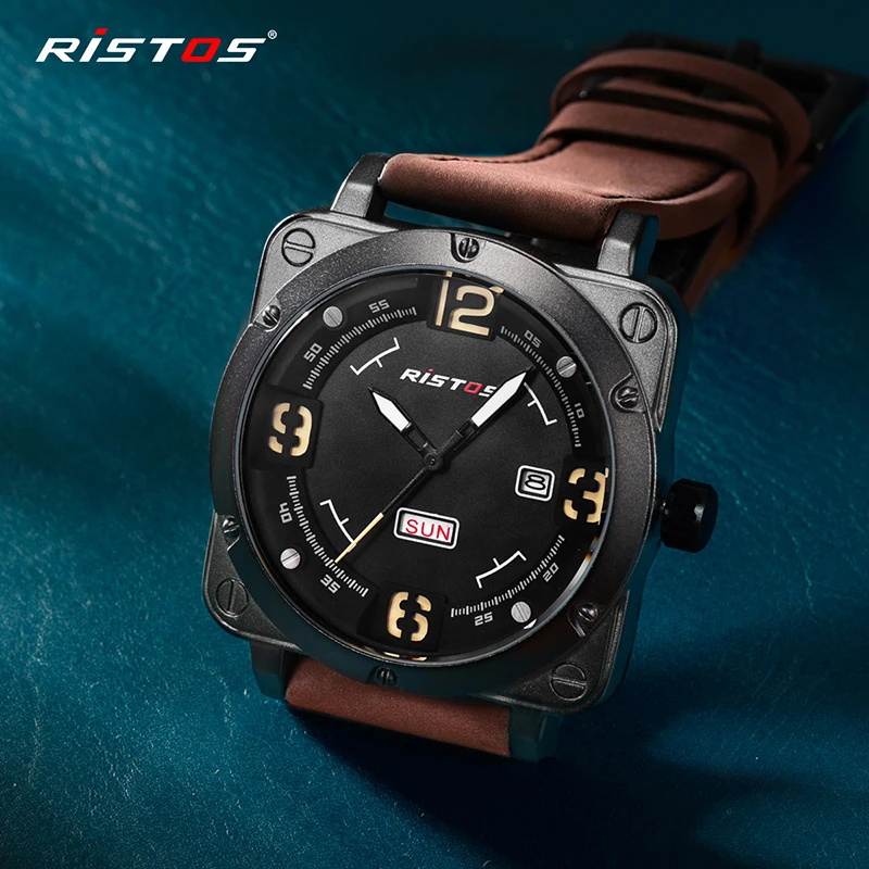 RISTOS Мужские кварцевые военные часы Экстремальные виды спорта натуральная кожа