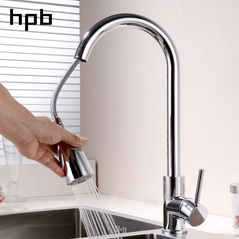 HPB Pull Out Kitchen Faucet Mixer Tap Rotatable Single Handle Sink Brass Chrome Brushed Finish Hot and Cold Water HP4104 | Обустройство