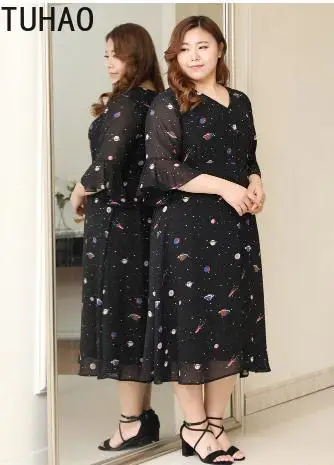 TUHAO Большие размеры 10xL 8XL элегантные женские шифоновые платья с рукавом-бабочкой длинные шифоновые летние платья офисное платье с принтом MS18