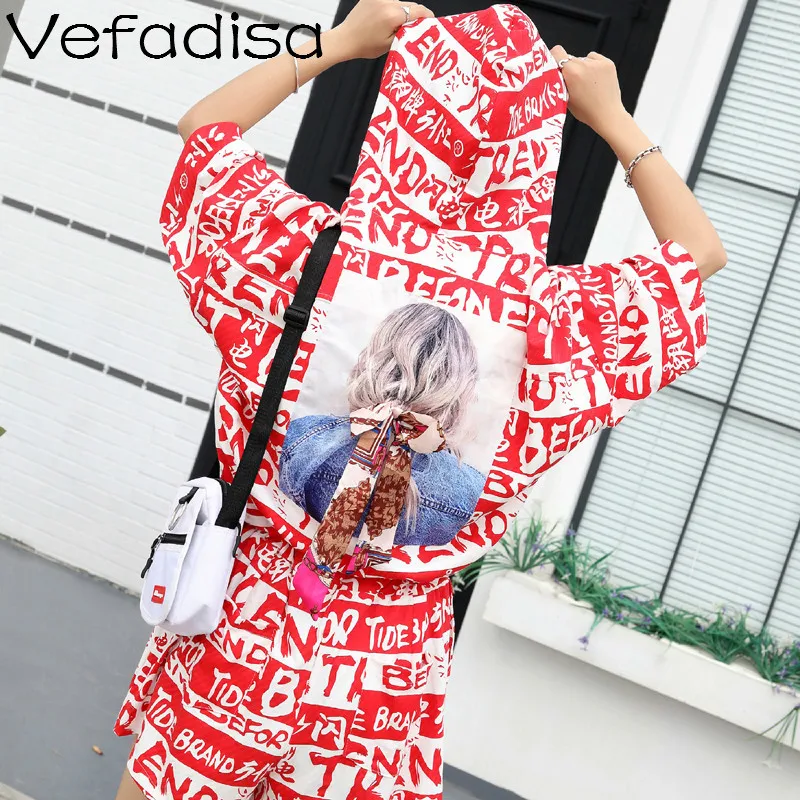 Vefadisa Women Black Red Playsuits 2019 Summer Letter Print Character Hooded ZQY107A | Женская одежда