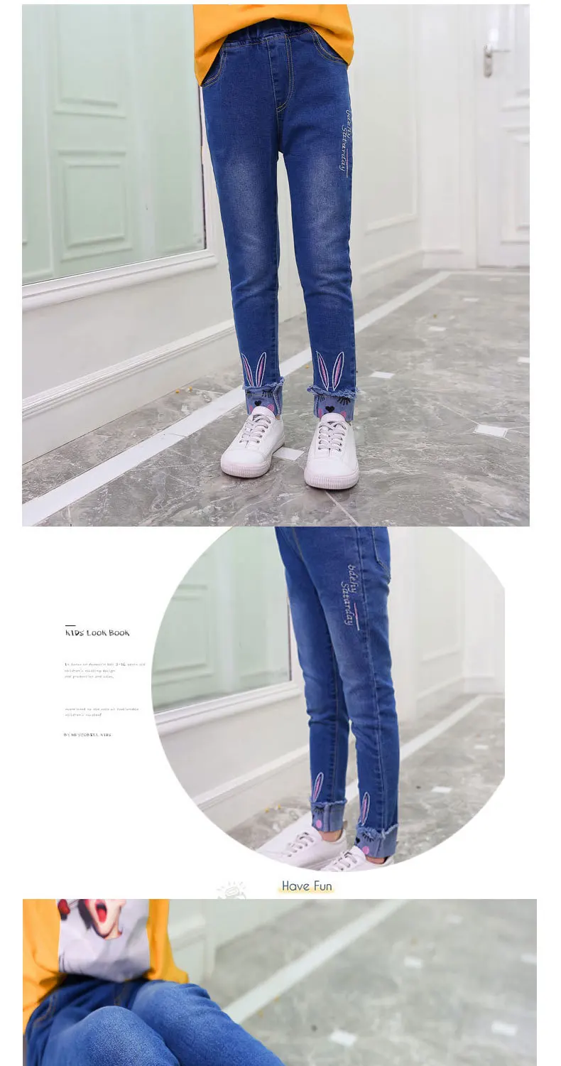Girls'jeans детская одежда в мультипликационном стиле; джинсы c кроликами в весенне-Осенняя детская одежда джинсы для маленьких девочек От 3 до 12 лет