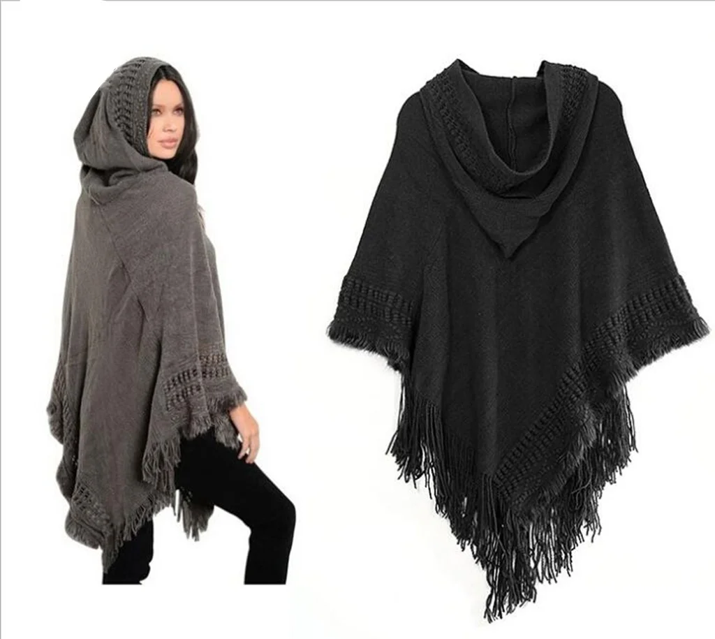 

Women's Hooded Poncho Batwing Knit Shawl Cloak Coat Knitwear Cape free size