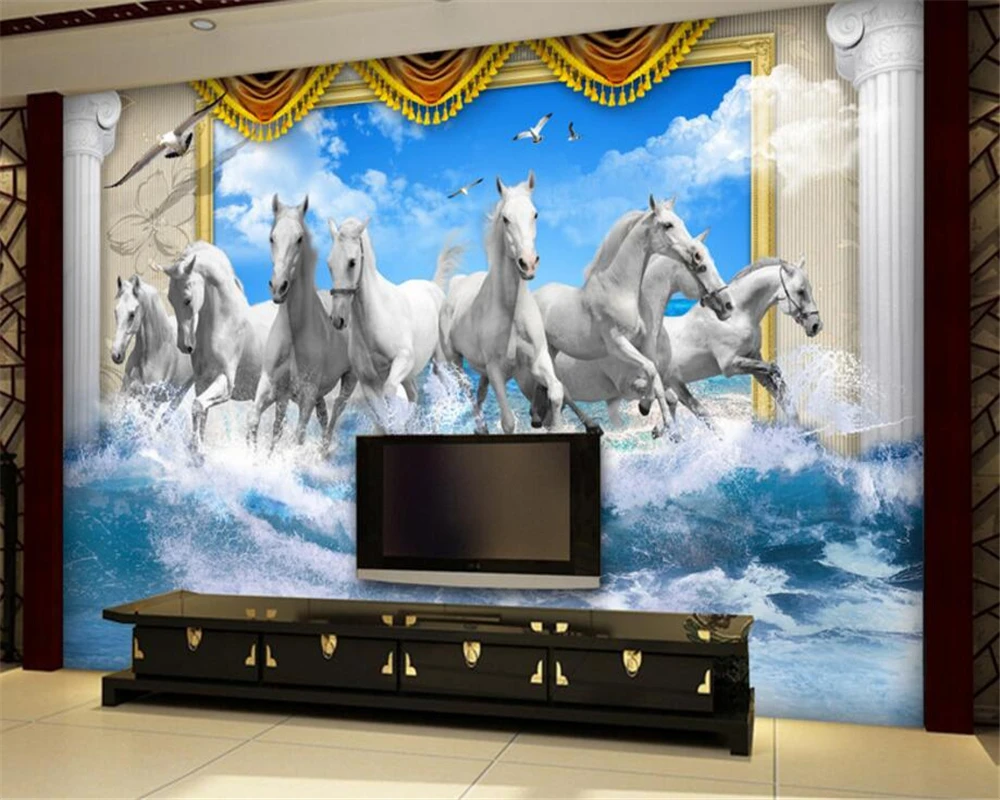 

Beibehang 3D wallpaper beautiful blue sky sea running horse background living room bedroom TV background wallpaper for walls 3 d