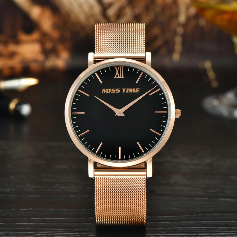 MISSTIME ультра тонкие часы швейцарские кварцевые любовника розовое золото Платье