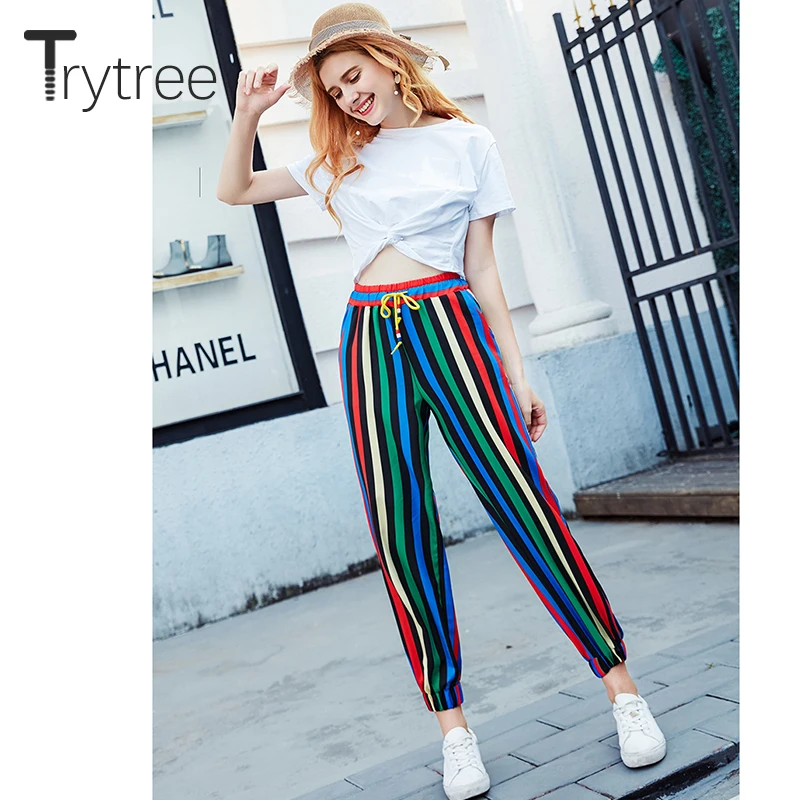 Trytree лето осень Для женщин Повседневное полосатый панелями свободные штаны