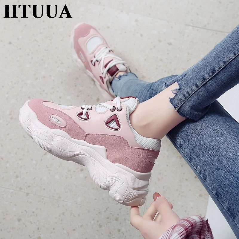 HTUUA/Новинка 2019 года розовые и белые кроссовки женская повседневная обувь удобная