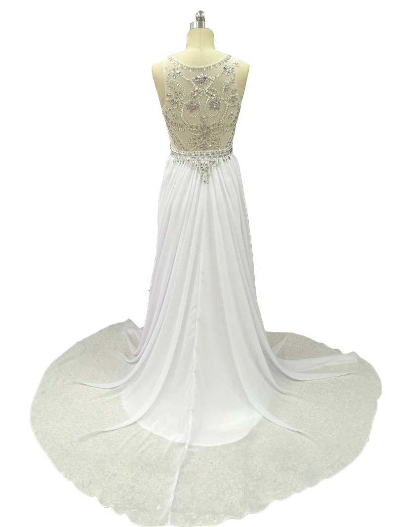 

Luxury Beads and Crysltals White Evening Dresses Sweep Train Illsion Back Prom Party Gowns
