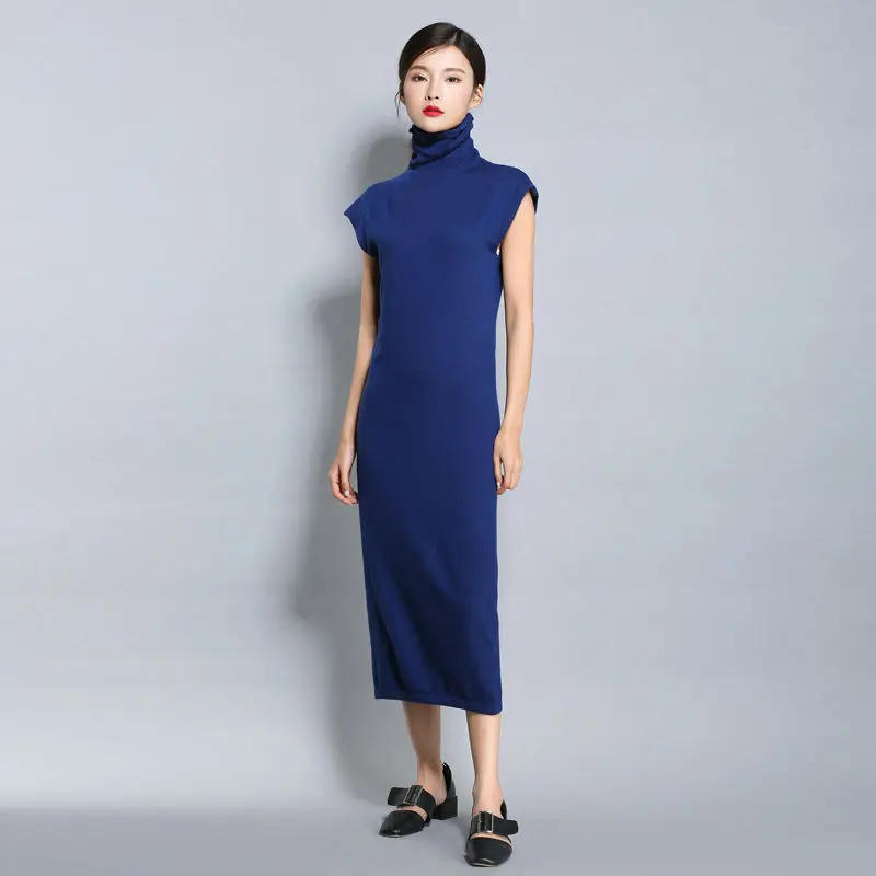 Autumn Women Dress Turtleneck Cashmere Sweater Female Casual Solid Knitted pullovers women high neck sleeveless sweater dress | Женская