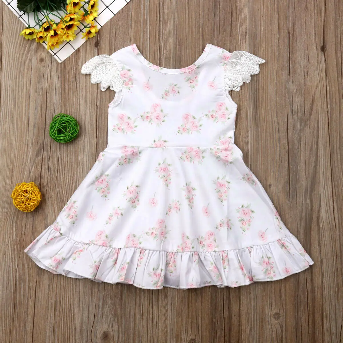 Summer Kids Baby Girl Lace Fly Sleeve Floral Dress Princess Girls Boho Holiday Party Dresses Sundress Clothes | Детская одежда и