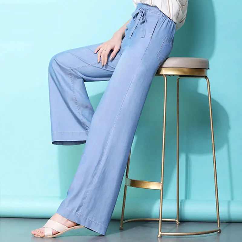 Spring Summer New Fashion Women Tencel Wide Leg Pants High Waist thin Straight Trousers Blue Denim Casual Long D59 | Женская одежда