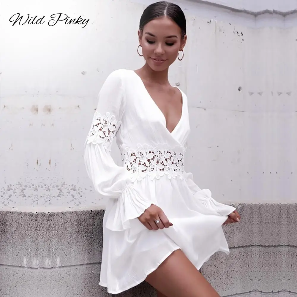 

WildPinky New White Crochet Dress Women Long Sleeve Elegant Short Dress Back Cut out Button Party Mini Dress Robe Femme Vestidos