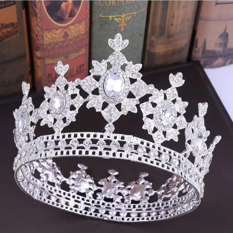 Silver White KMVEXO Роскошный Кристалл queen Полный Круглый короны гребешок для волос король горный хрусталь большой диадемы головные уборы принцессы Свадебные украшения подарки - Окраска металла: Silver White