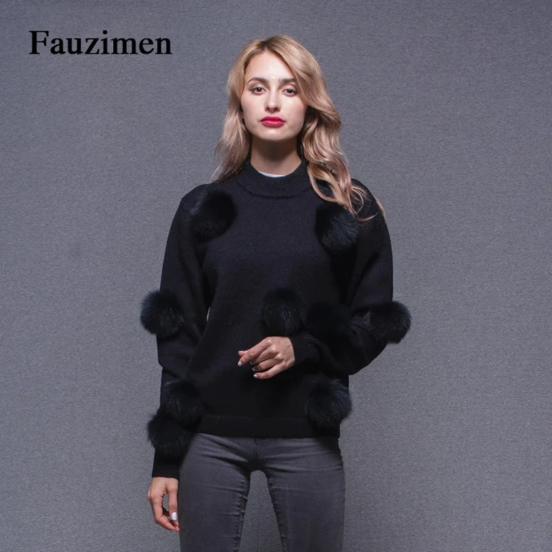 

Woman black custom pullover plus size sweater with a lot fox fur ball Removable Cashmere Sweater Pom pom Black Winter Coat