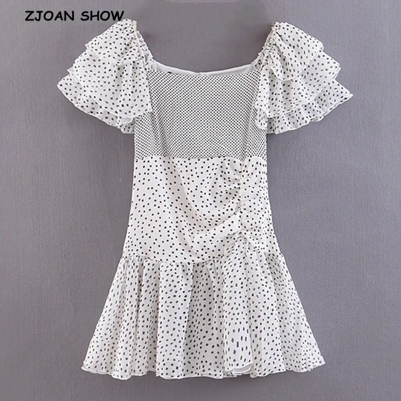 Женское мини платье в горошек с коротким рукавом и квадратным вырезом спереди