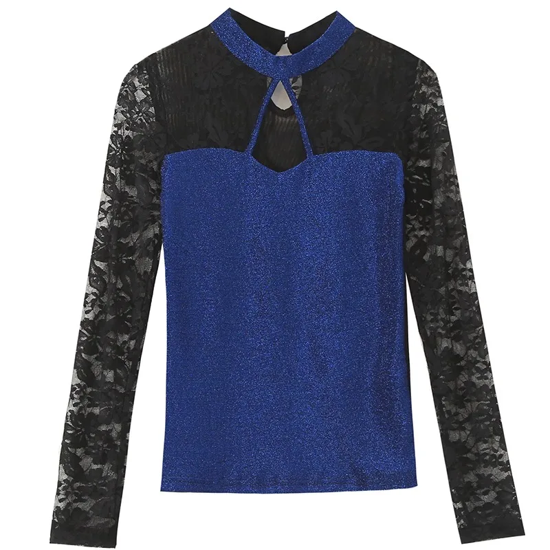 Dark blue t-shirt Весна, сексуальная женская футболка, кружевная вышивка, прозрачные тонкие эластичные топы, пэчворк, открытая, длинный рукав, S-3XL, T92491 - Цвет: Dark blue t-shirt