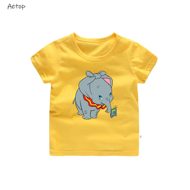 yellow 2 Футболка с забавным рисунком слона Дамбо, детские летние топы с круглым вырезом, футболка для маленьких девочек, повседневная детская одежда - Цвет: yellow 2