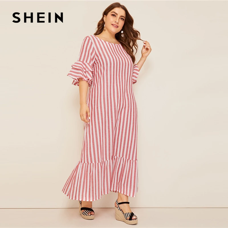 SHEIN, платье макси в полоску с рукавами-колокольчиками размера плюс, коллекция, женское Повседневное платье-туника с оборками на весну и лето
