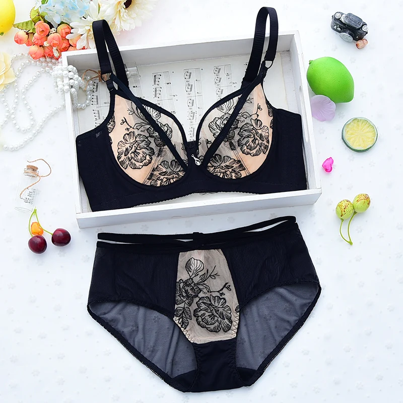 Plus Size Women Sexy Bra Set Transparent Intimates Lace Embroidery thin temptation black Beight bra and panties Sets