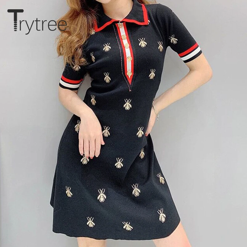 Trytree, летнее платье, элегантное, повседневное, женское, вышивка пчелы, отложной воротник, рубашка, платья, пуговицы, вязанное, мини, офисное, женское платье