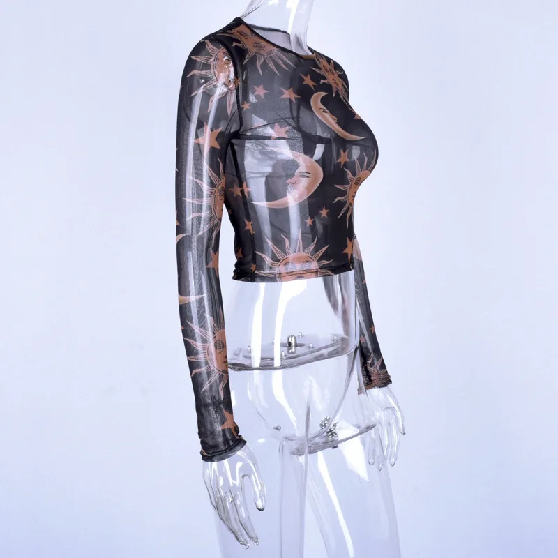 2019 New Spring Mesh See Through Women T Shirts Sexy Moon Sun Print Navel Bare Cropped Tops Female Party Club O Neck Shirt | Женская