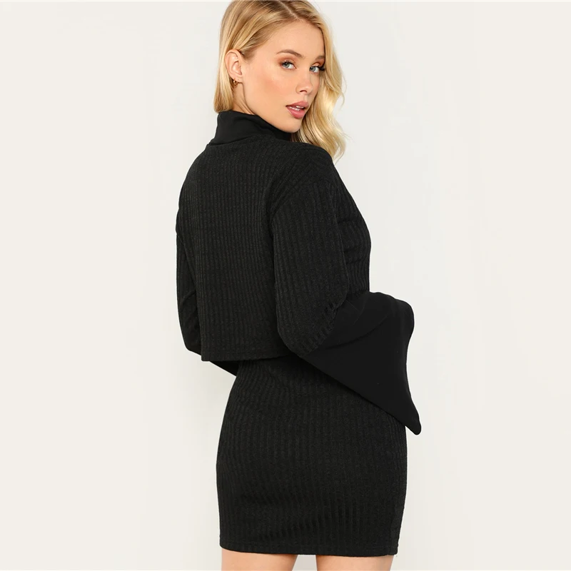 Sheinside, черный женский комплект из двух предметов, Женский Топ с высокой горловиной в рубчик и юбка, co-ord,, Осенний Элегантный комплект из 2 предметов с длинным рукавом