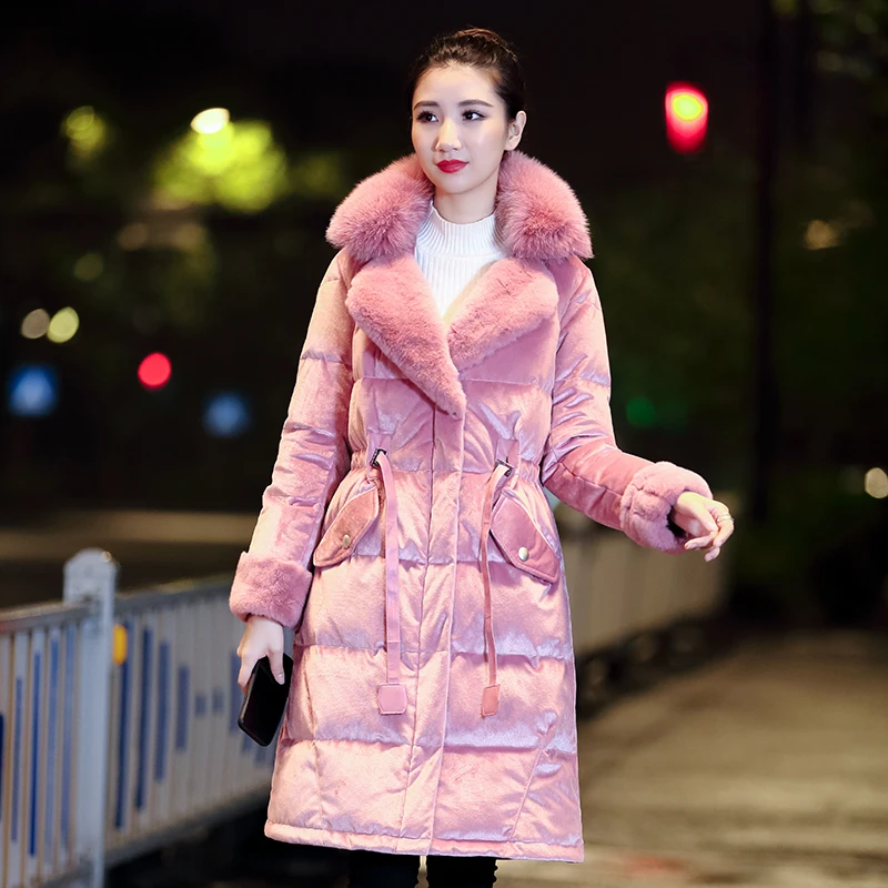 Зимнее качественное натуральное лисьее меховое пальто с воротником из утиного