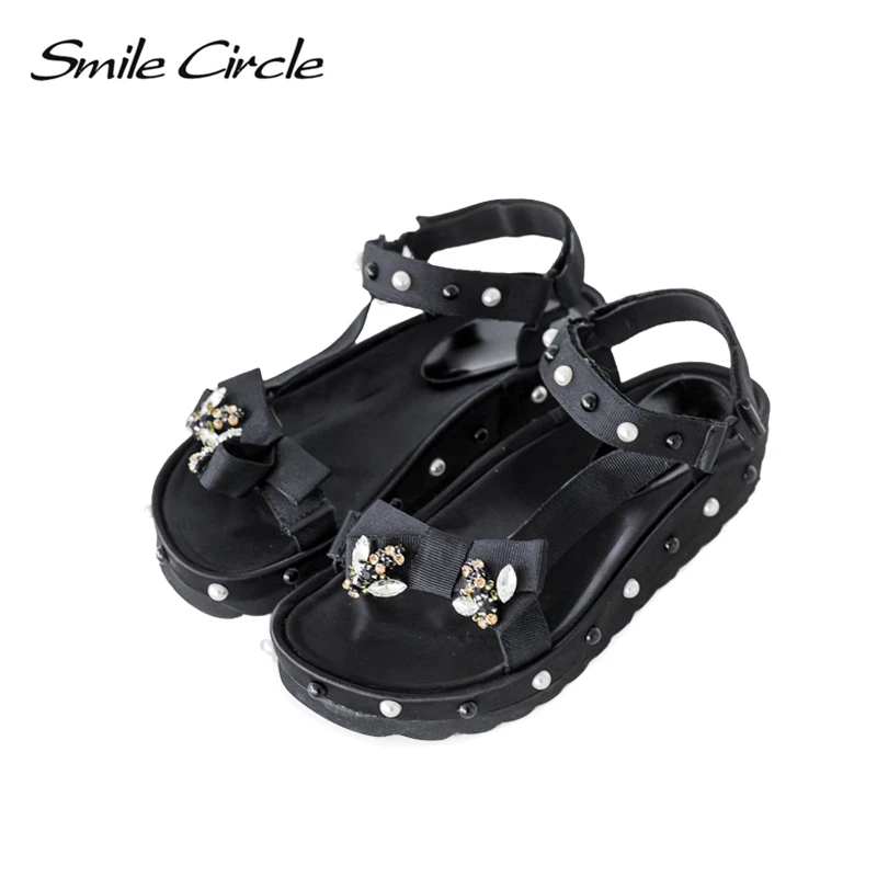 Женские летние сандалии Smile Circle модные на плоской подошве со стразами и