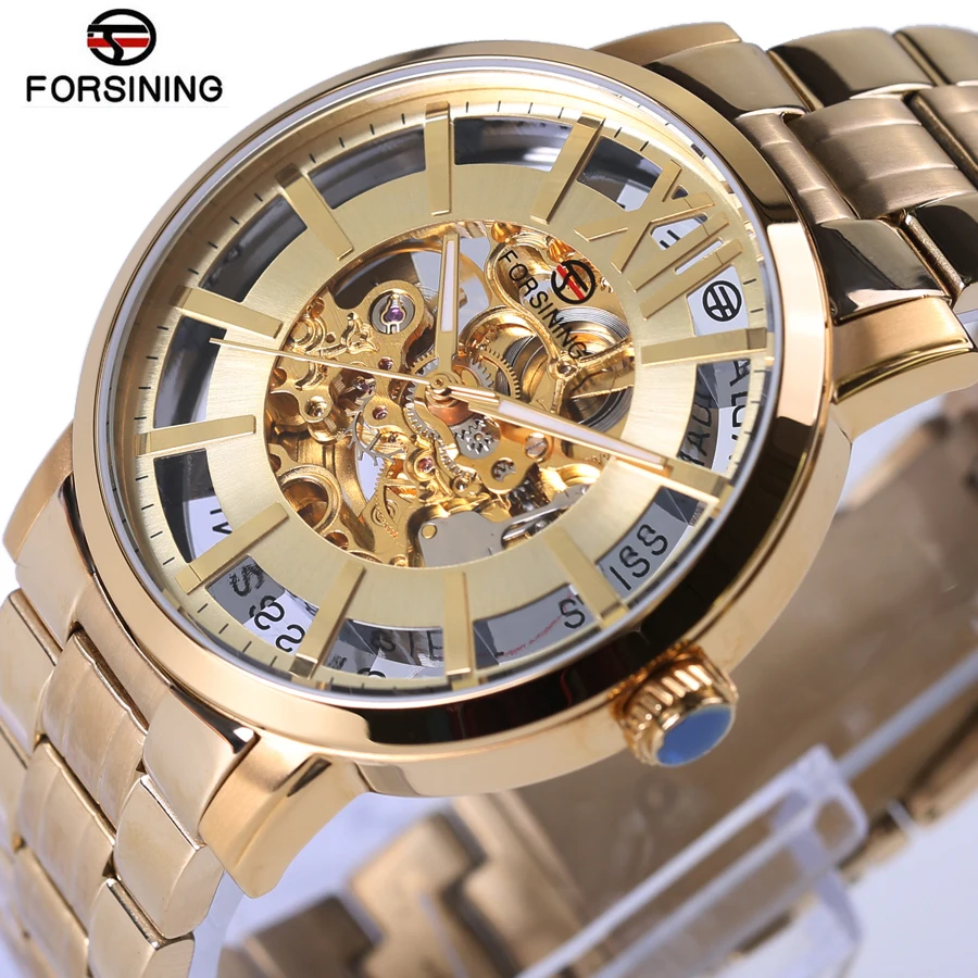 

Forsining Automatic Mens Watches Top Brand Luxury Golden Fashion Style Stainless Steel Transparent Waterproof Sapphire Mirror