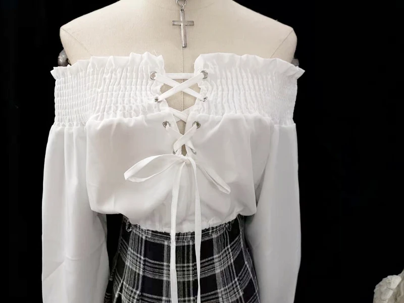 Harajuku готические черные рубашки с длинным рукавом Женские японские панк сексуальные топы с открытыми плечами винтажные кружевные женские блузки