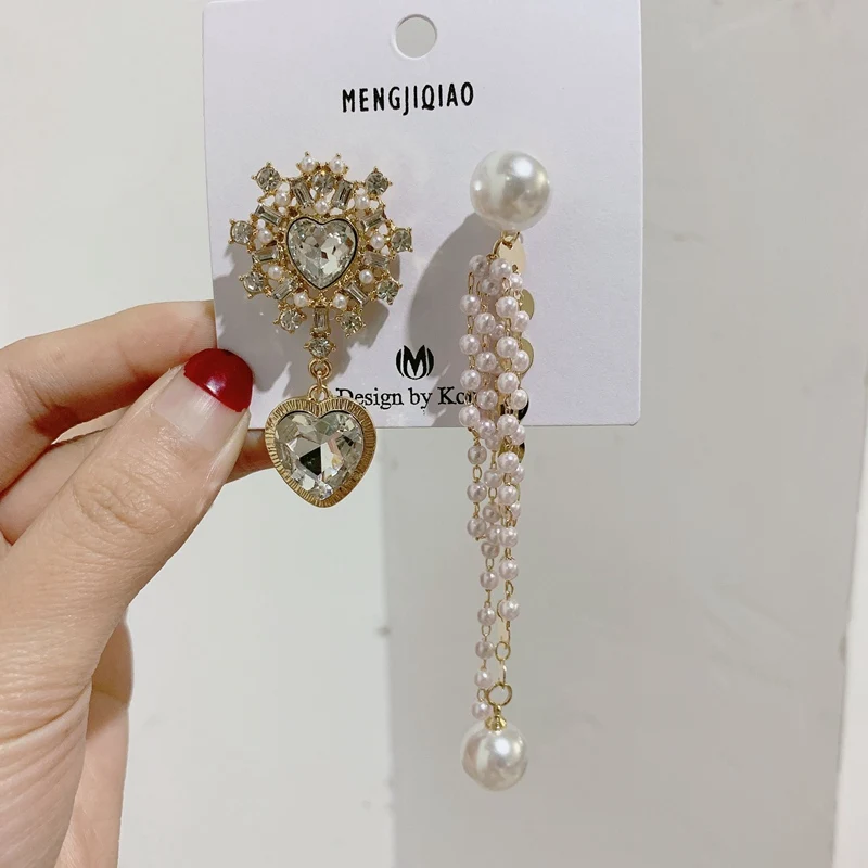 MENGJIQIAO корейские новые шикарные хрустальные серьги в форме сердца с длинной кисточкой для женщин элегантные жемчужные подвески ювелирные изделия